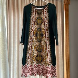 Anthropologie Green and Gold Patterned Dress